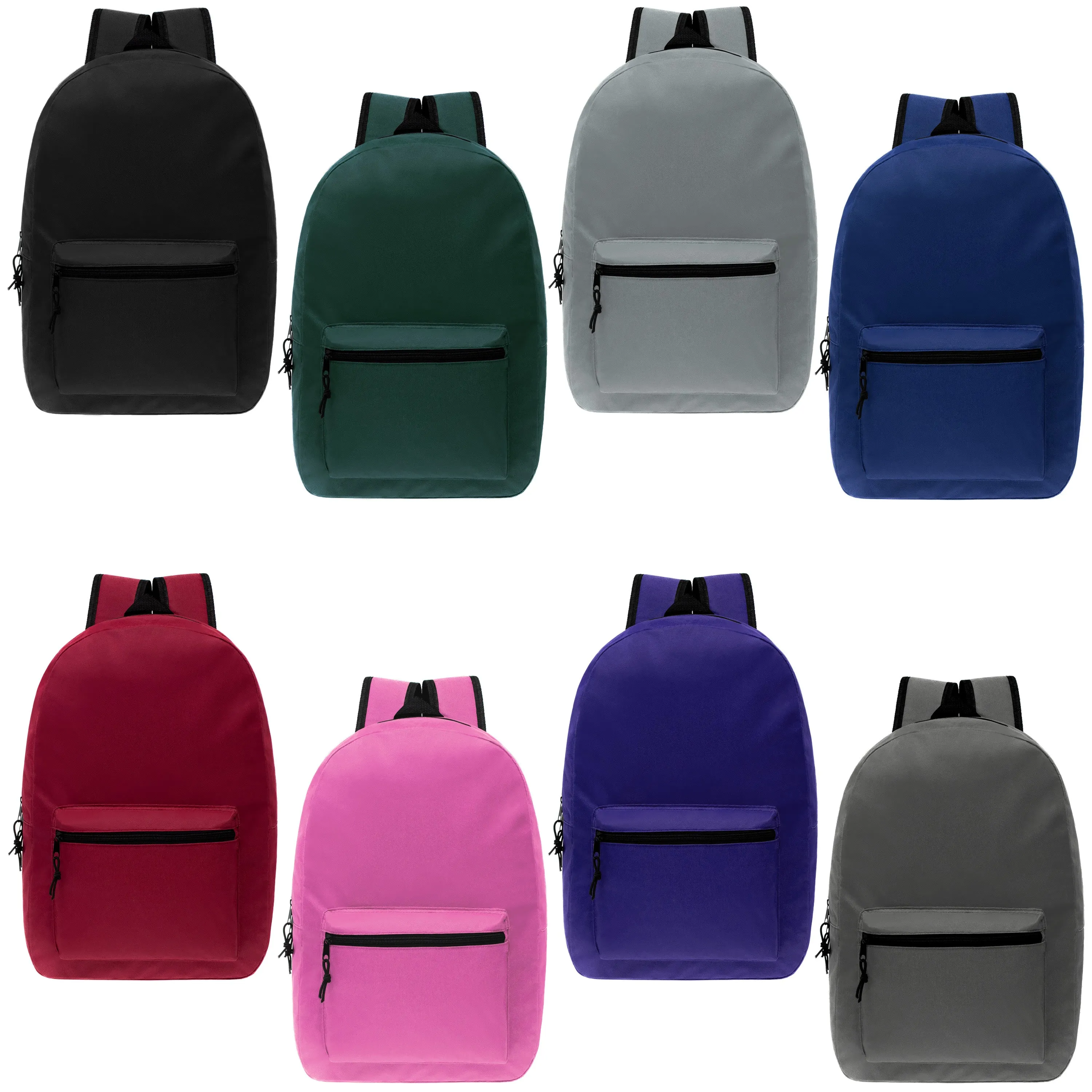 12 Basic 17" Wholesale Backpacks in 8 Assorted Colors & 12 Bulk School Supply Kits of Your Choice