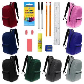 12 Basic 17" Wholesale Backpacks in 8 Assorted Colors & 12 Bulk School Supply Kits of Your Choice