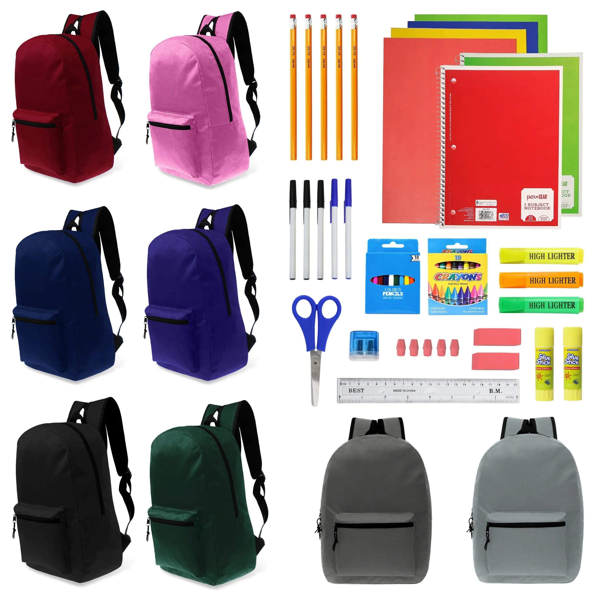 12 Basic 17" Wholesale Backpacks in 8 Assorted Colors & 12 Bulk School Supply Kits of Your Choice