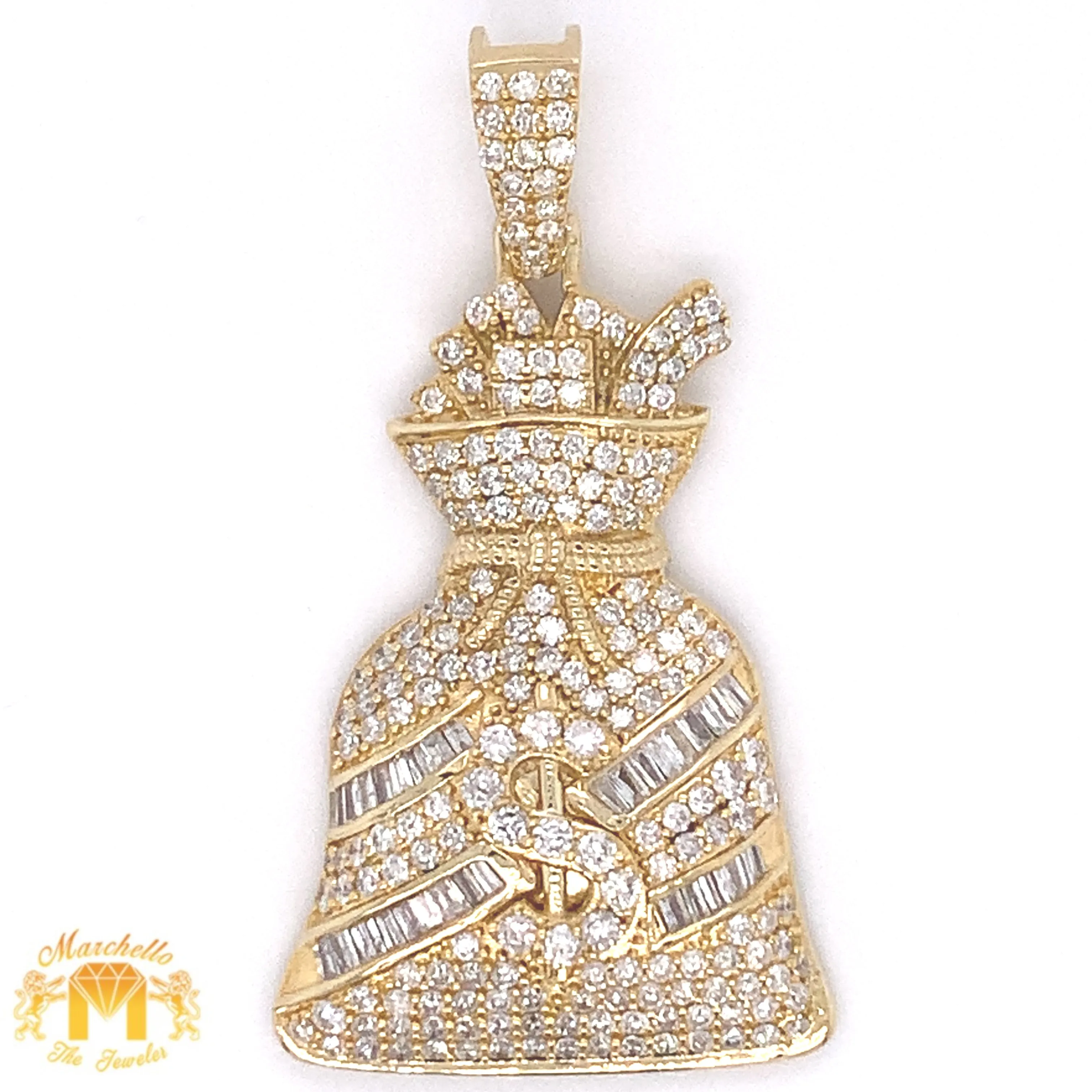 14k Yellow Gold Money Bag Pendant with baguette and round diamonds and Gold Cuban Link Chain Set