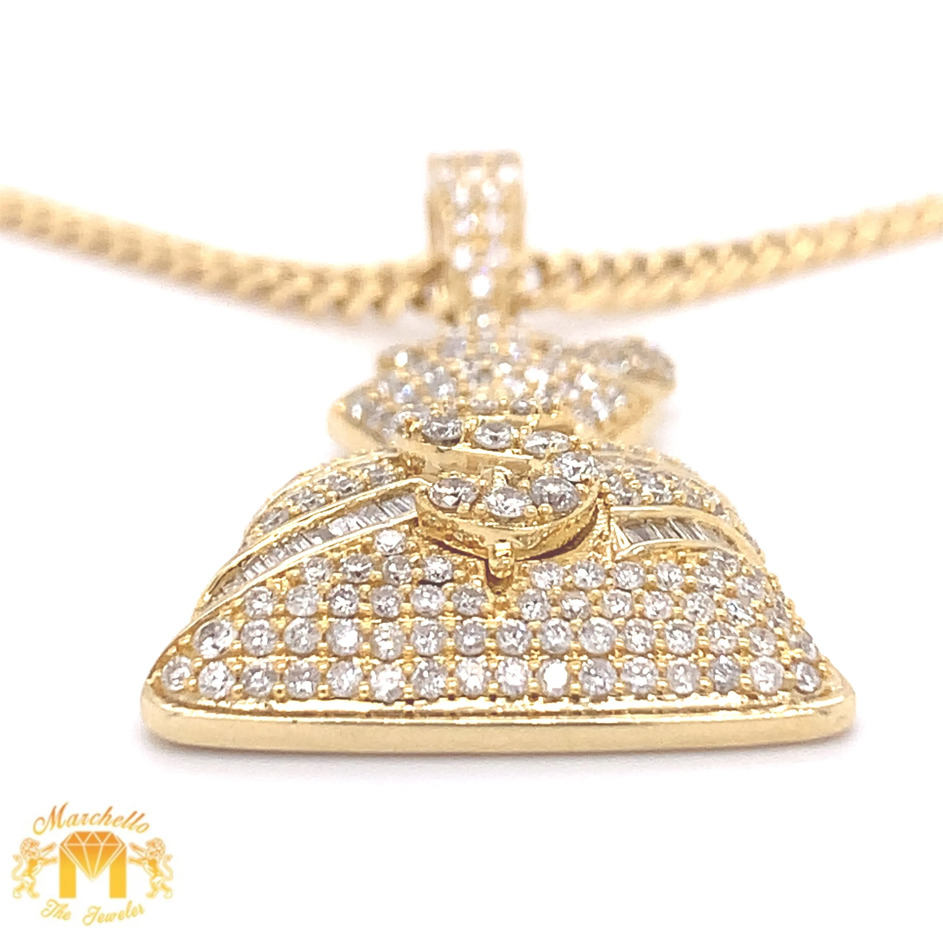 14k Yellow Gold Money Bag Pendant with baguette and round diamonds and Gold Cuban Link Chain Set