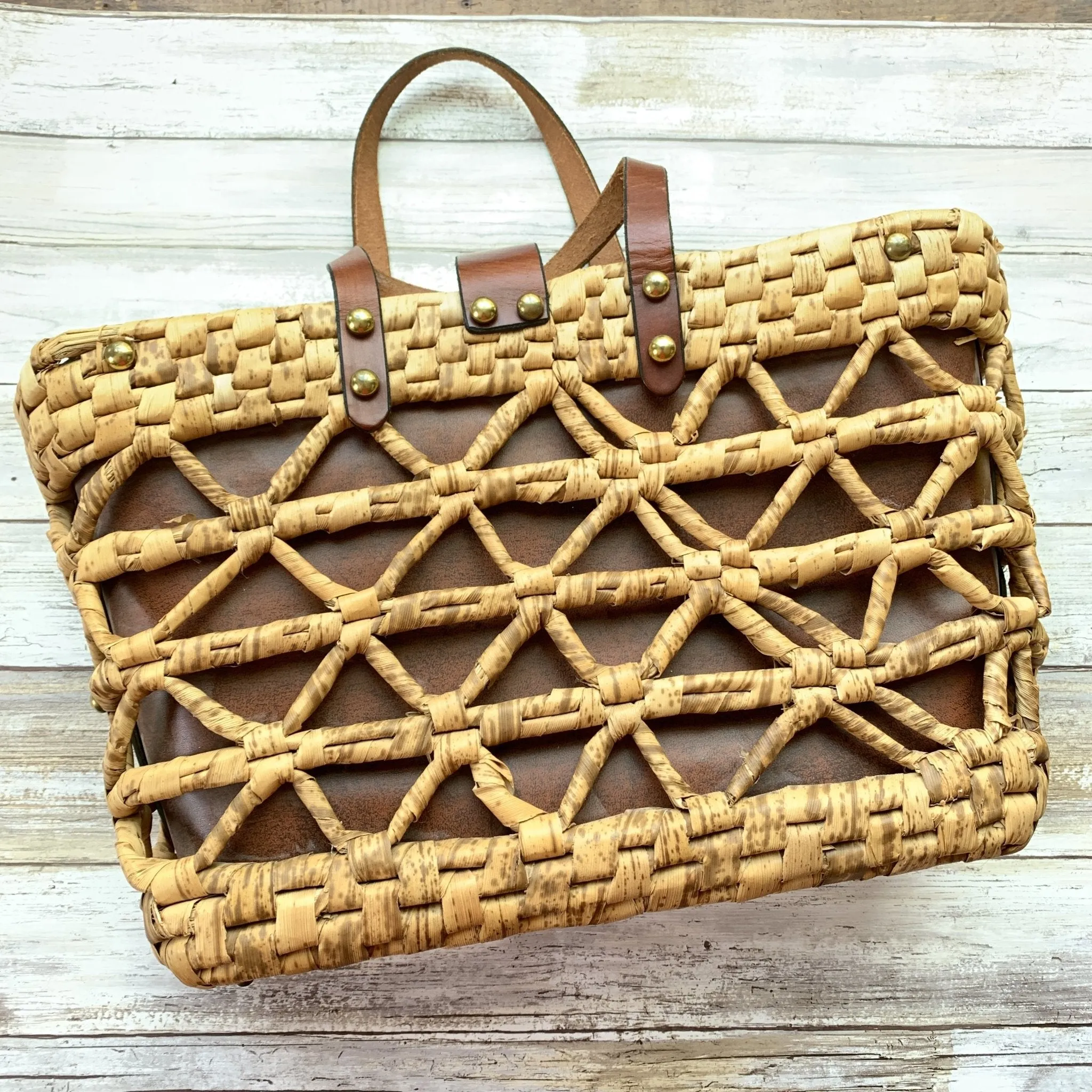 1970s Woven Straw and Leather Tote Style Purse by John Romain. Market or Beach Bag.