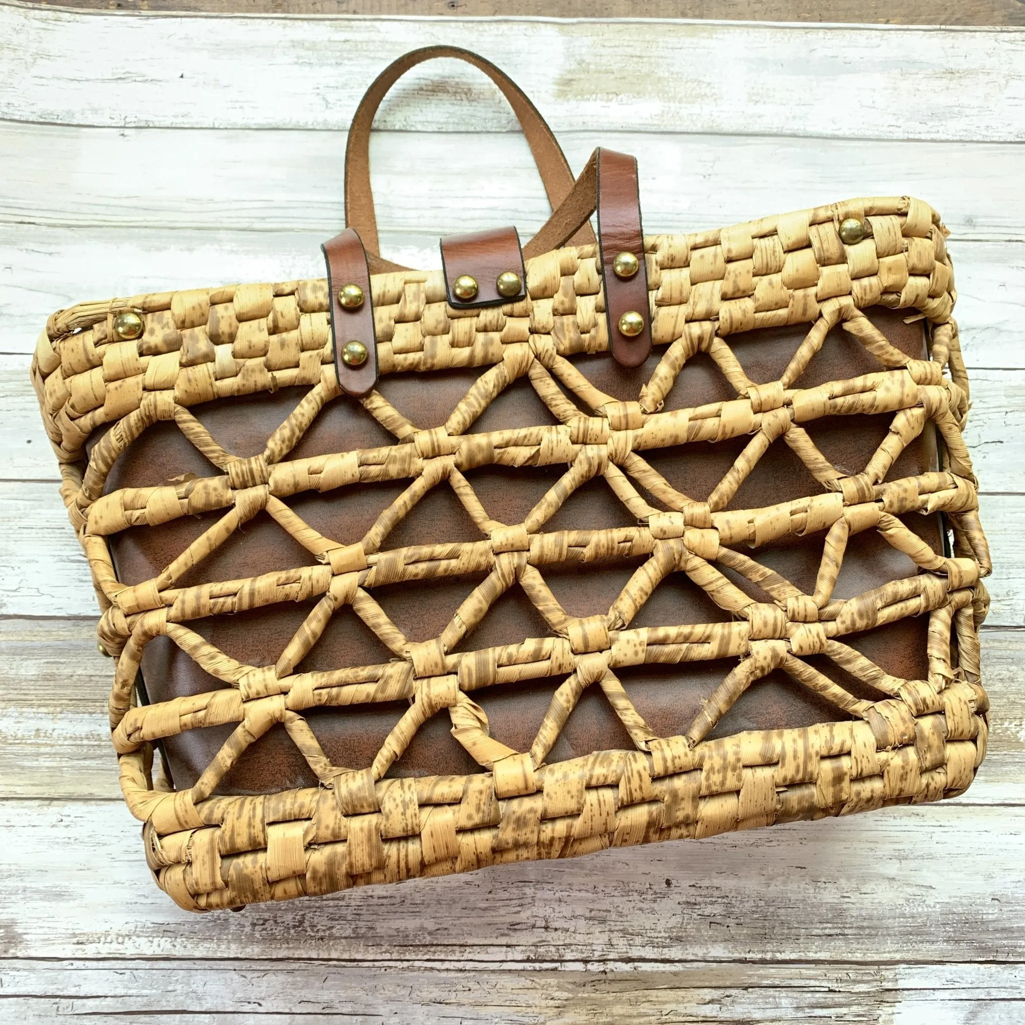 1970s Woven Straw and Leather Tote Style Purse by John Romain. Market or Beach Bag.