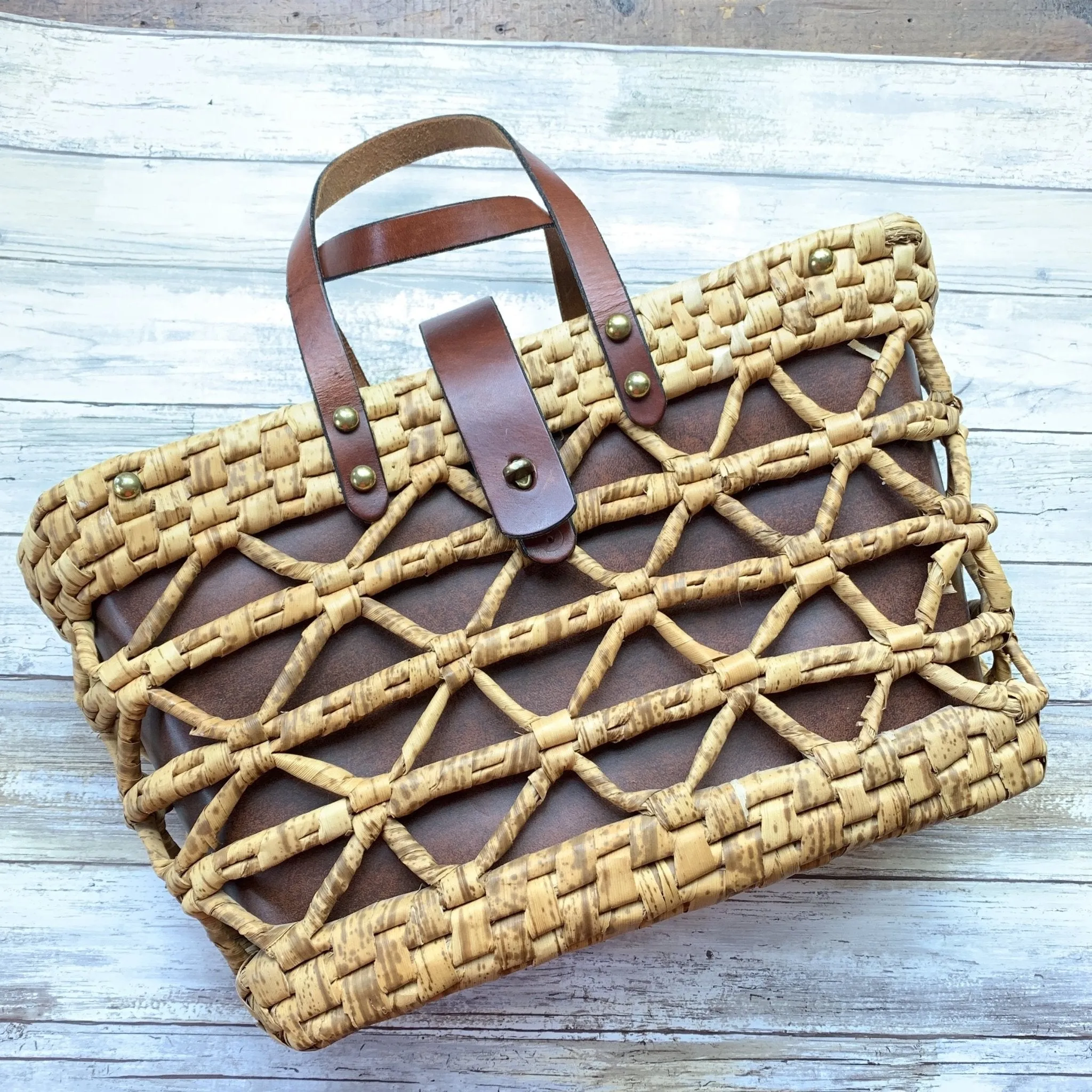 1970s Woven Straw and Leather Tote Style Purse by John Romain. Market or Beach Bag.