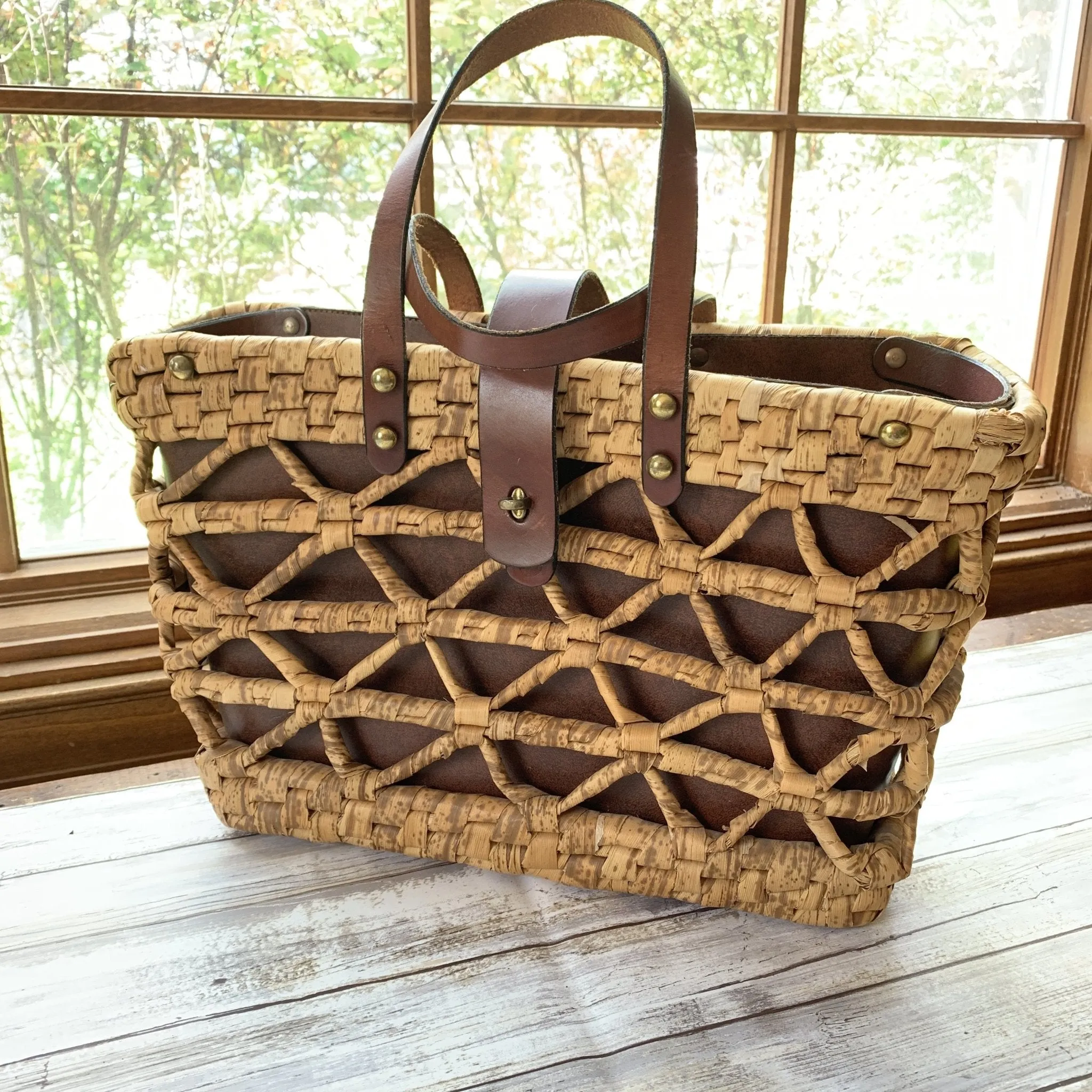 1970s Woven Straw and Leather Tote Style Purse by John Romain. Market or Beach Bag.