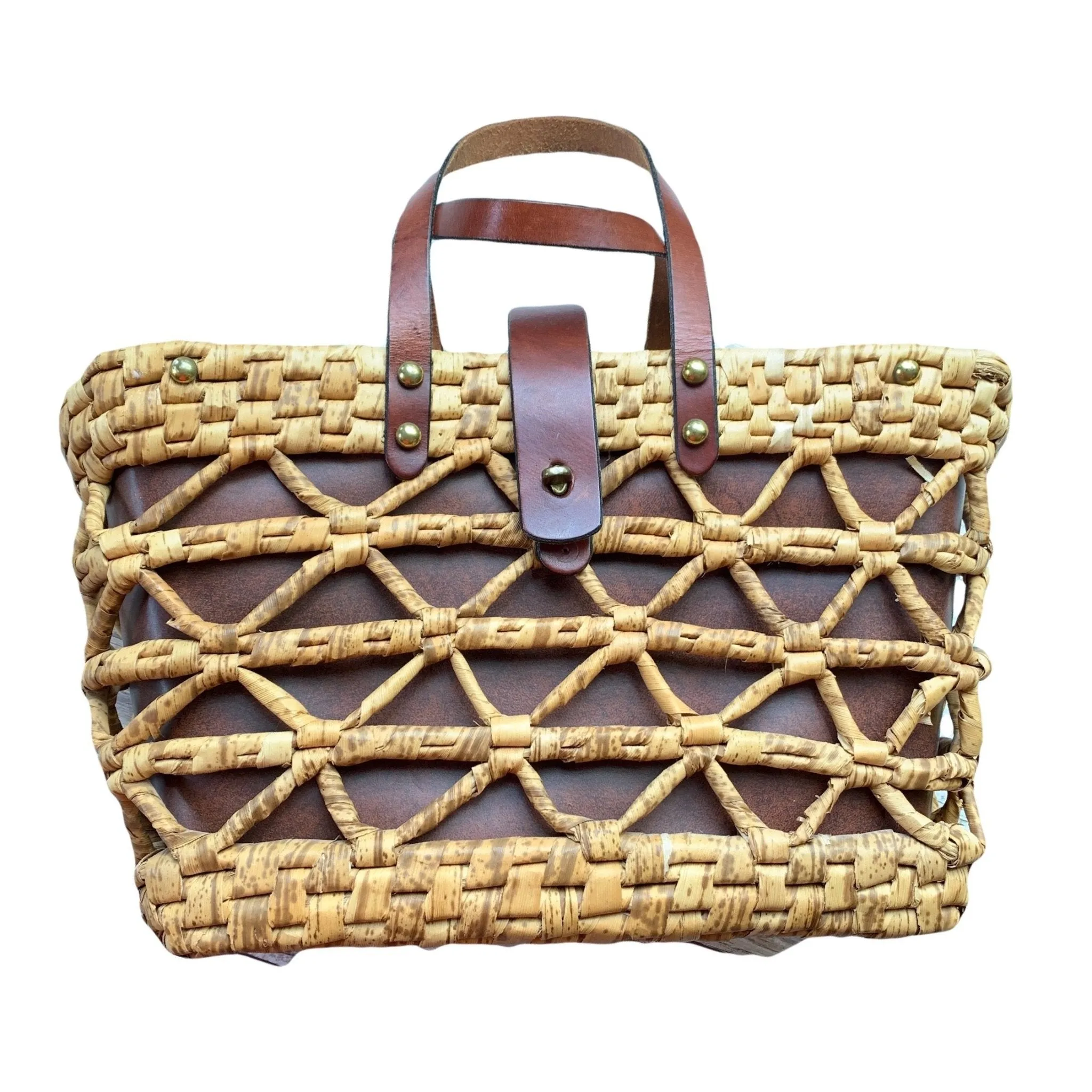 1970s Woven Straw and Leather Tote Style Purse by John Romain. Market or Beach Bag.