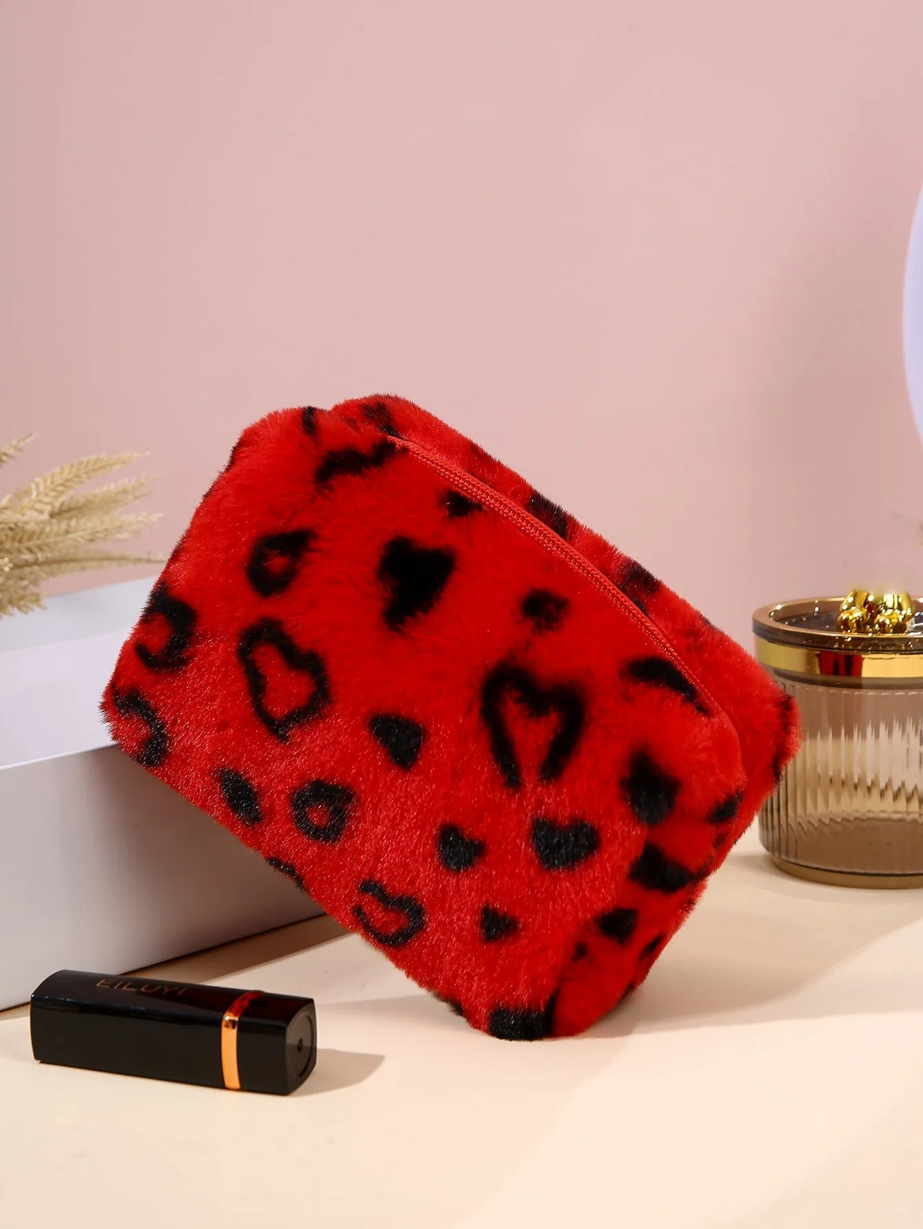 1pc Creative Heart Print Red Fluffy Makeup Bag Cosmetic Organizer Toiletries Bag