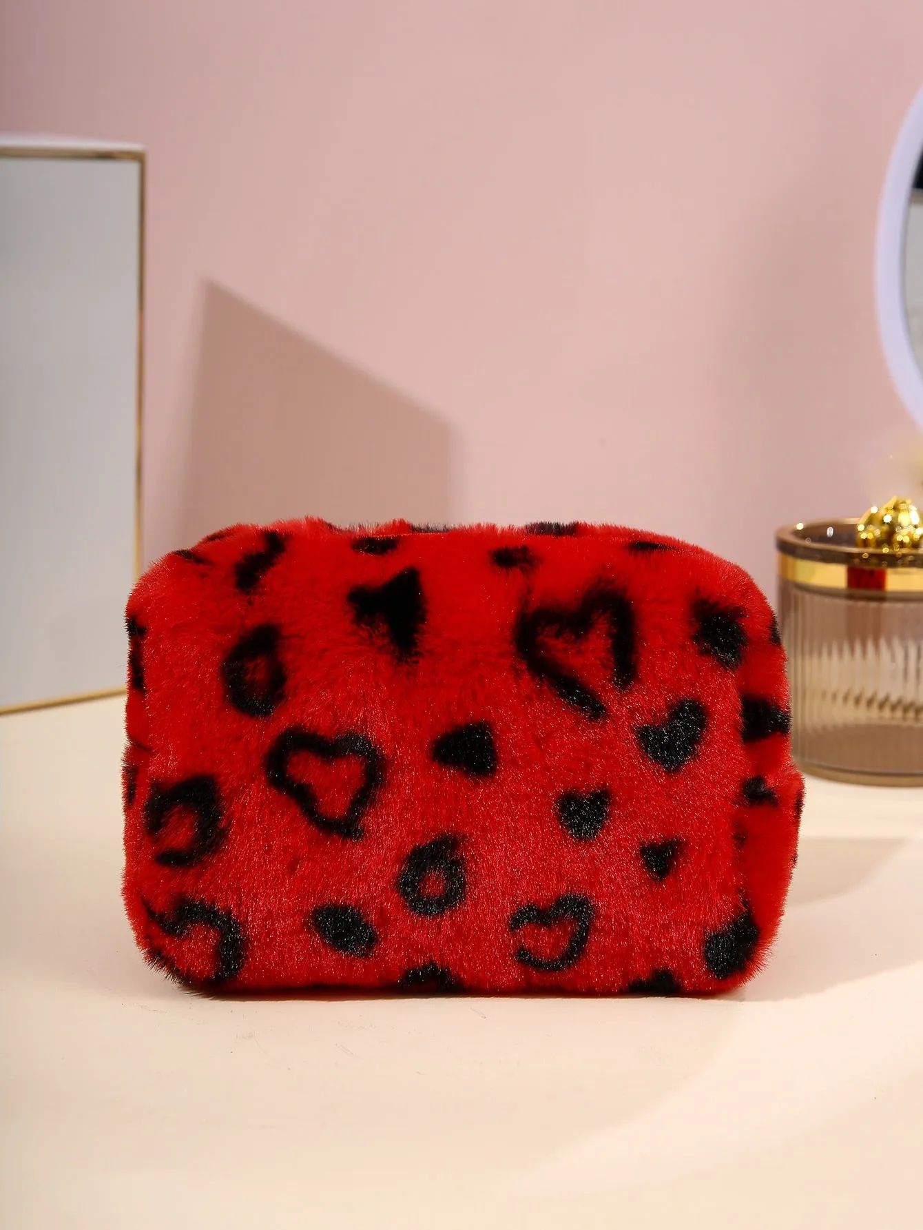 1pc Creative Heart Print Red Fluffy Makeup Bag Cosmetic Organizer Toiletries Bag