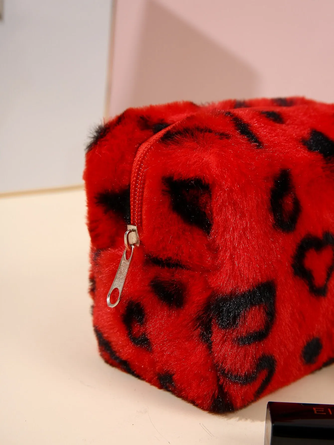 1pc Creative Heart Print Red Fluffy Makeup Bag Cosmetic Organizer Toiletries Bag