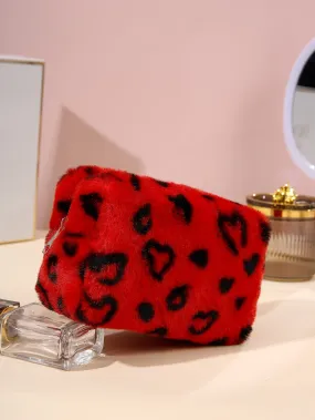 1pc Creative Heart Print Red Fluffy Makeup Bag Cosmetic Organizer Toiletries Bag