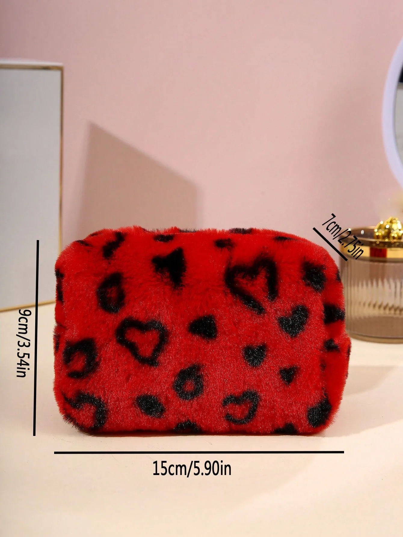 1pc Creative Heart Print Red Fluffy Makeup Bag Cosmetic Organizer Toiletries Bag