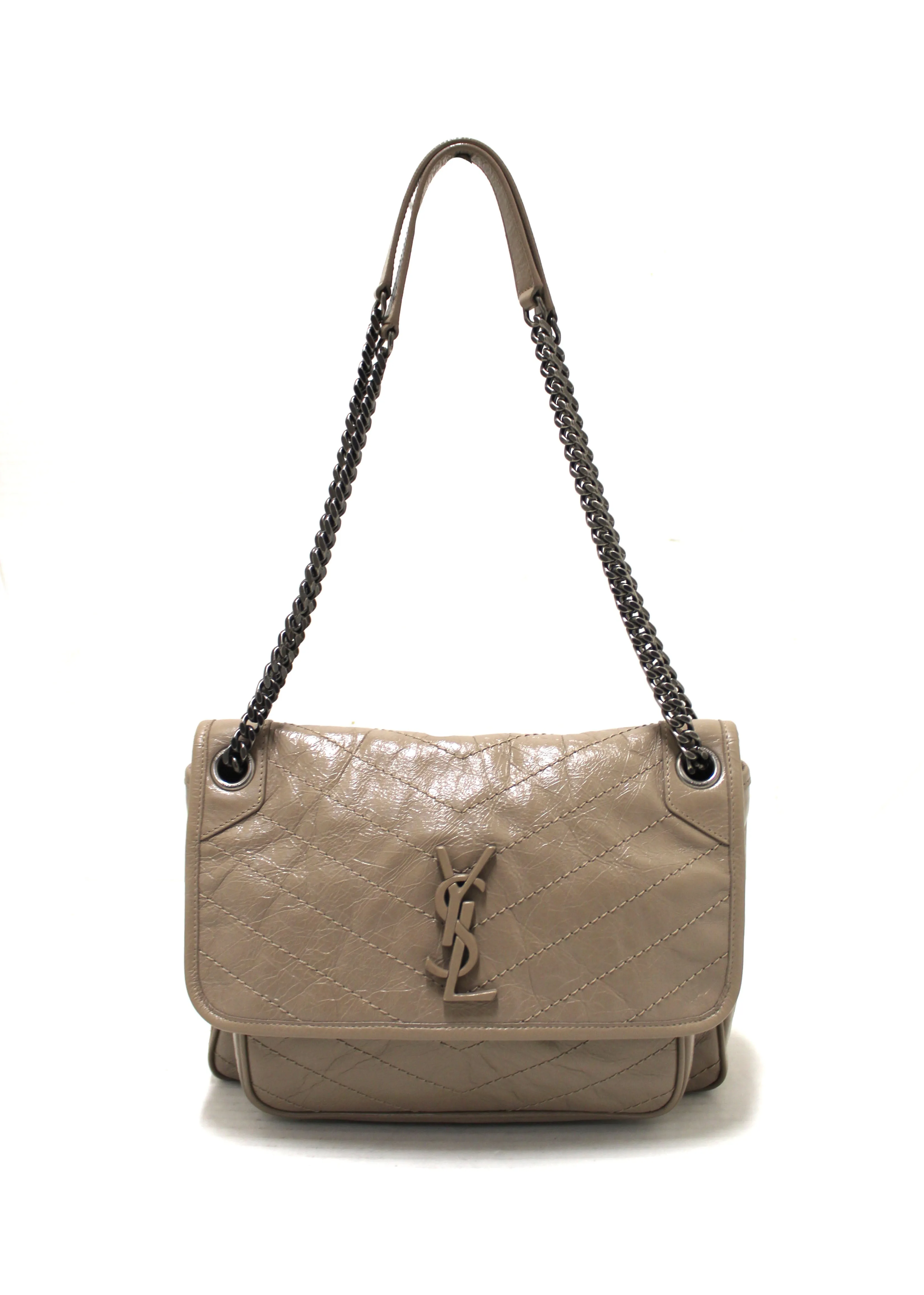 Authentic Yves Saint Laurent YSL Greyish Brown Chevron Quilted Vinatge Leather Medium Niki Bag