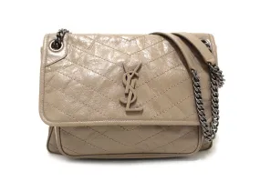 Authentic Yves Saint Laurent YSL Greyish Brown Chevron Quilted Vinatge Leather Medium Niki Bag