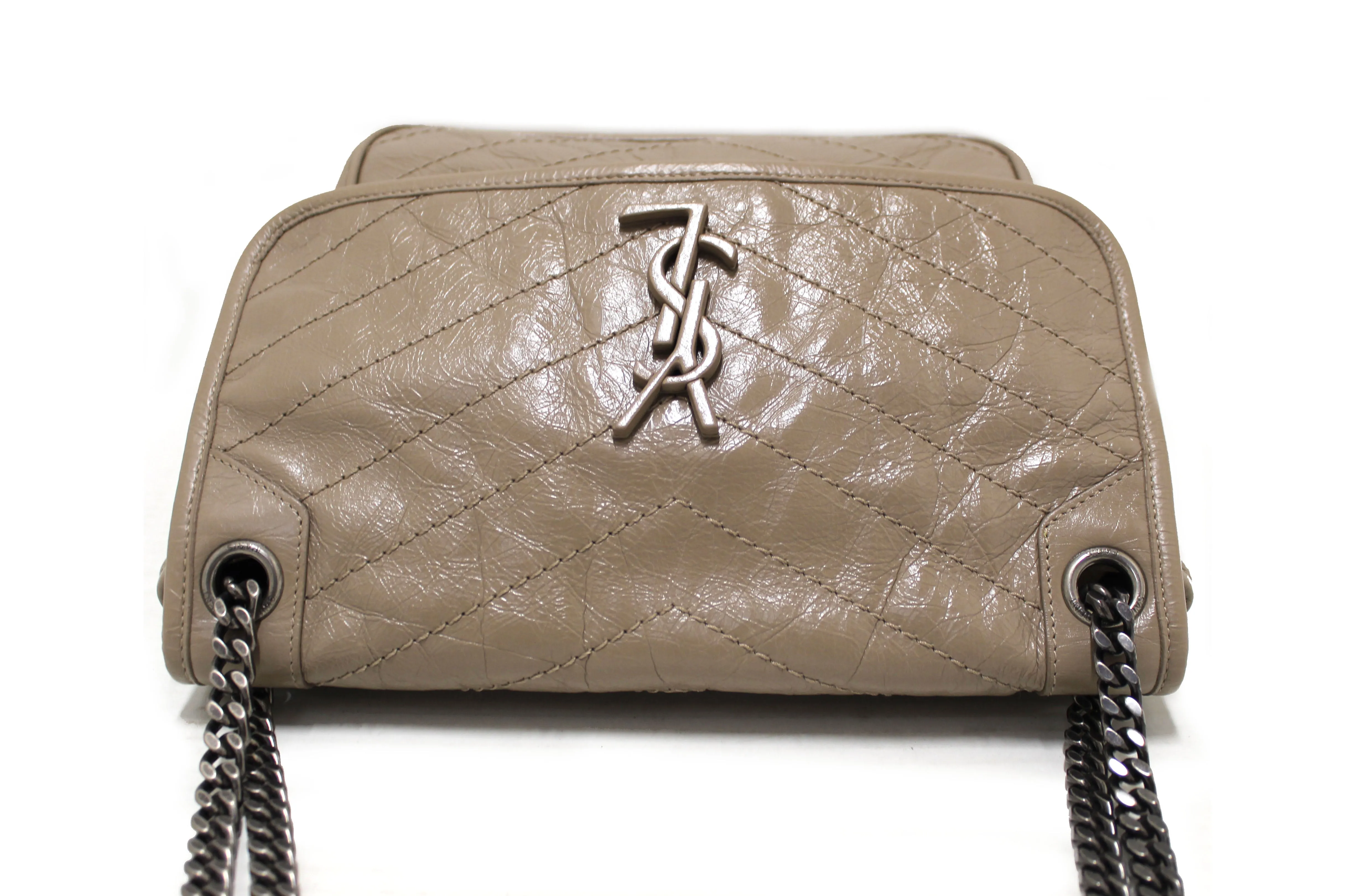 Authentic Yves Saint Laurent YSL Greyish Brown Chevron Quilted Vinatge Leather Medium Niki Bag