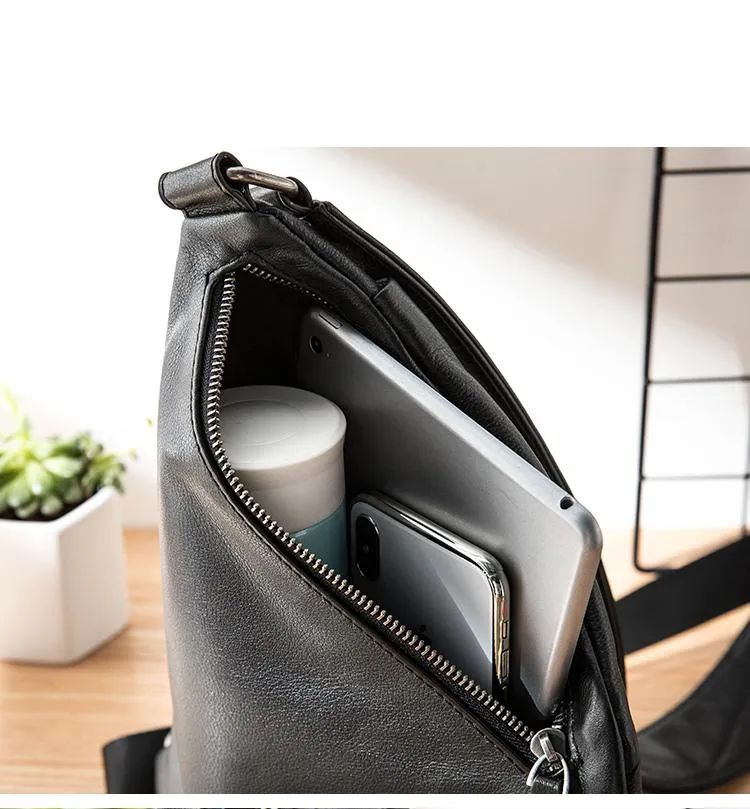 Badass Black Leather Men's Sling Bag Chest Bag Black One shoulder Backpack Bundy Bag For Men