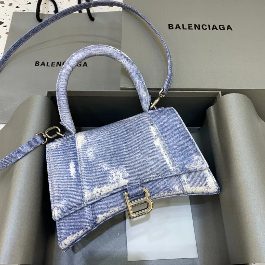 Balen Hourglass Small Handbag In Blue Denim Printed, For Women,  Bags 9in/23cm 5935462104W9064