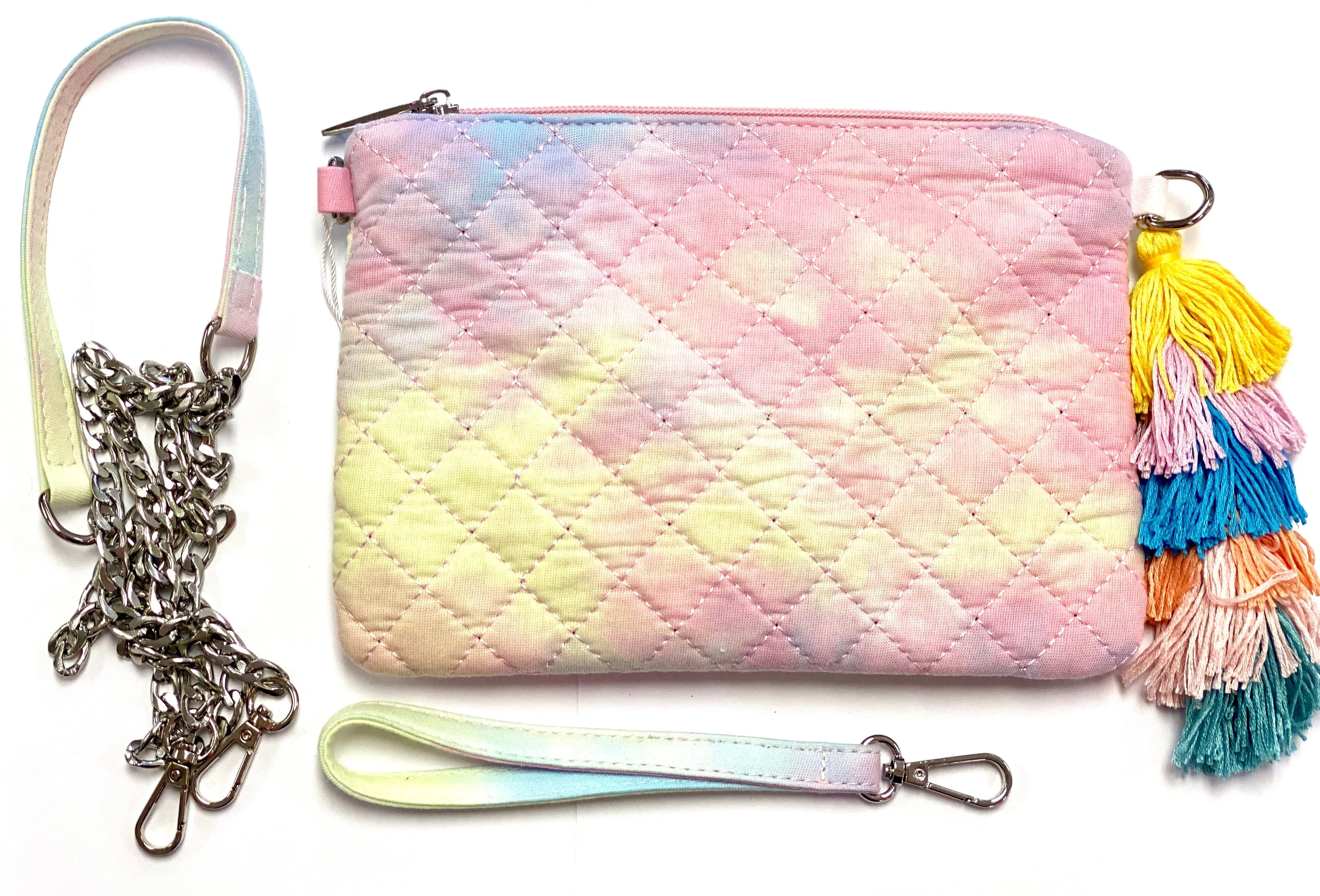 Bari Lynn Rainbow Quilted Crossbody/Clutch with Tassel - Pastel Tie Dye