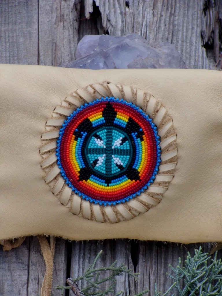 Beaded leather clutch, beaded turtle totem, shamans bag