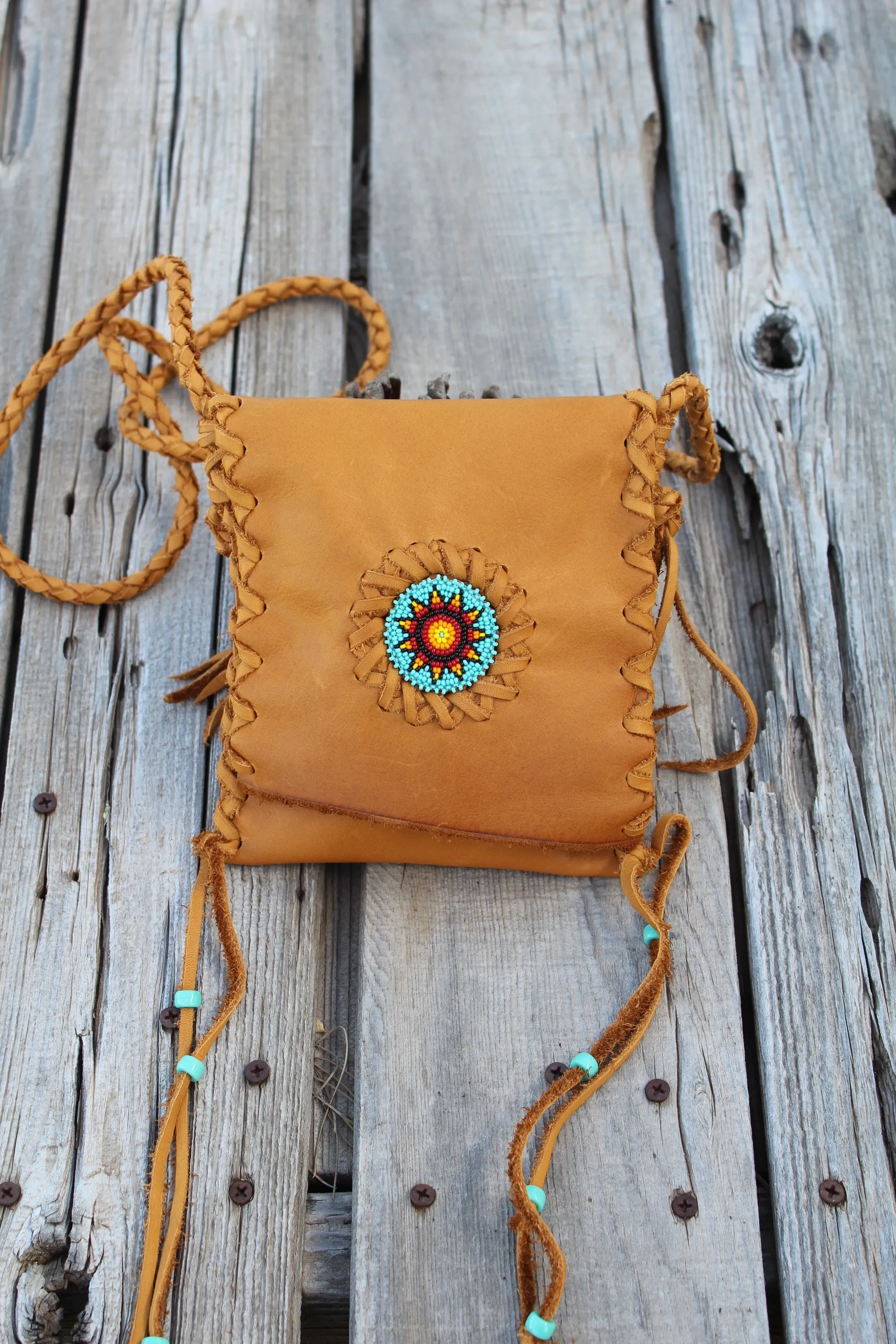 Beaded leather handbag, crossbody purse