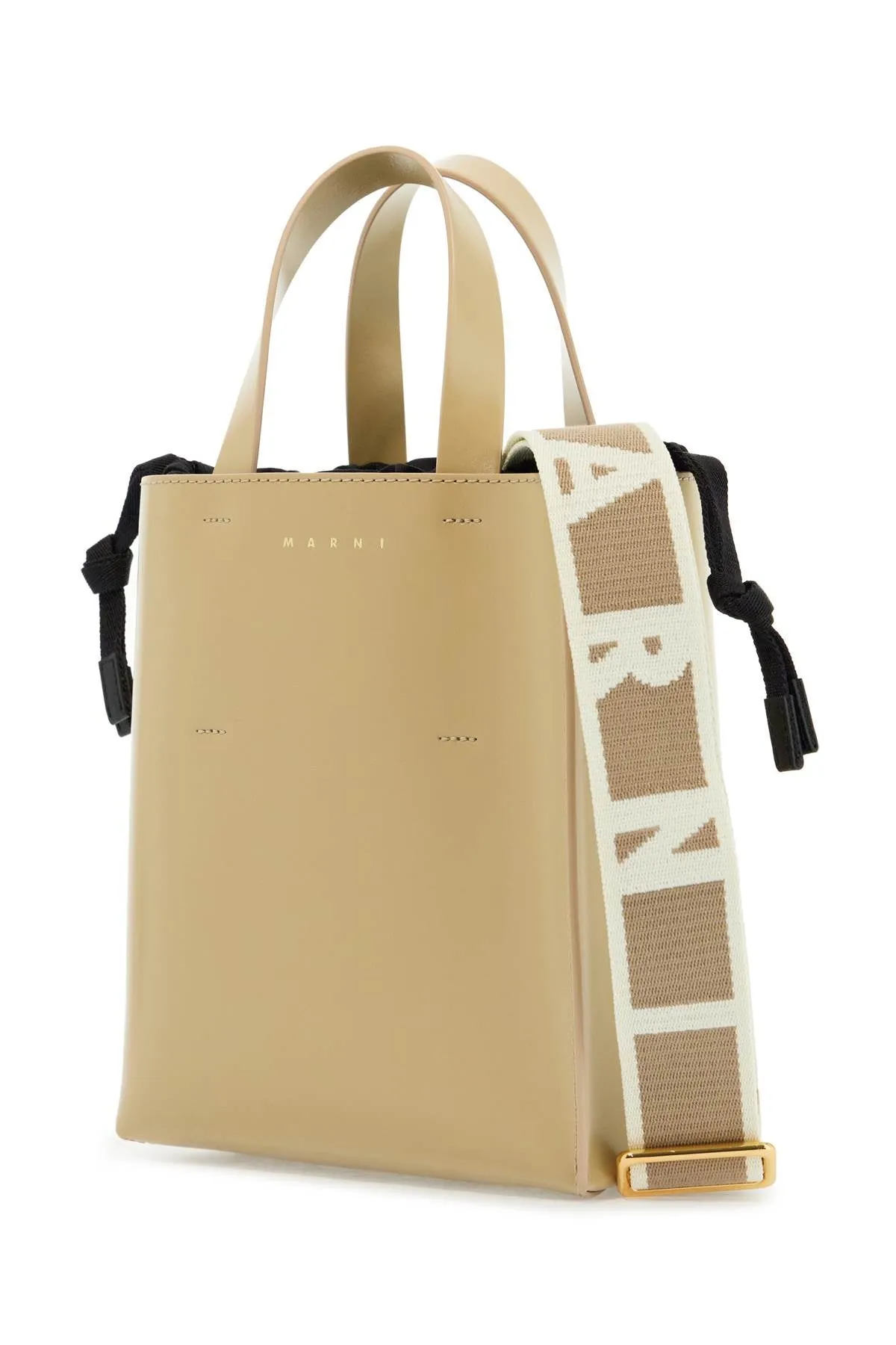 beige leather shopping bag with short handles and shoulder strap