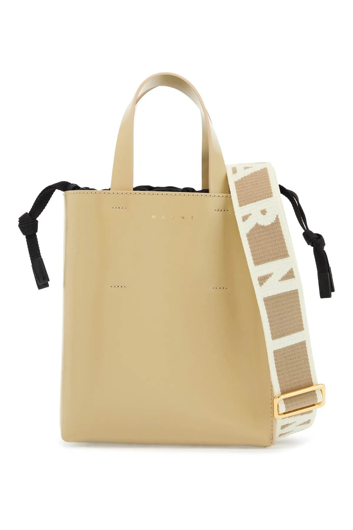 beige leather shopping bag with short handles and shoulder strap