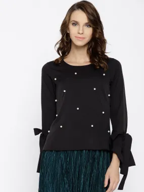 Berrylush Women Solid Black Round Neck Bell Sleeves Embellished Regular Top