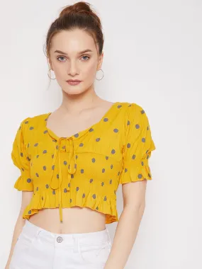 Berrylush Women Yellow & Grey Polka Dot Printed V-Neck Ruffle Trim Shirred Crop Top