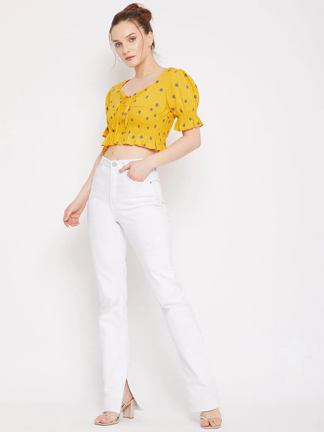 Berrylush Women Yellow & Grey Polka Dot Printed V-Neck Ruffle Trim Shirred Crop Top