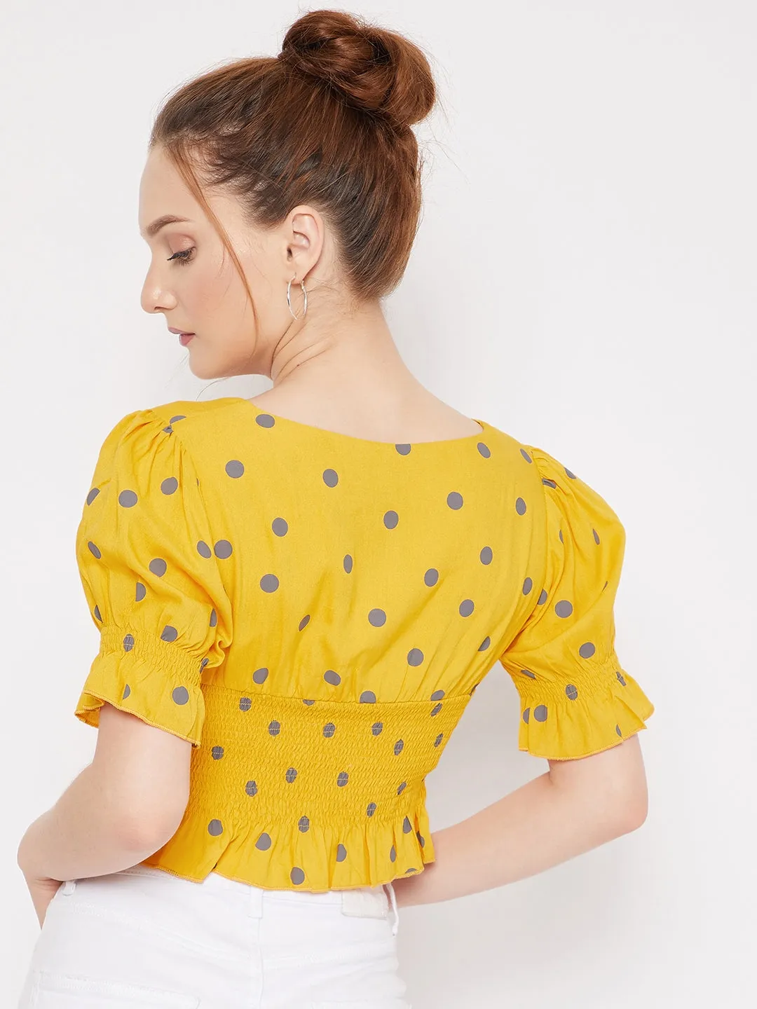 Berrylush Women Yellow & Grey Polka Dot Printed V-Neck Ruffle Trim Shirred Crop Top