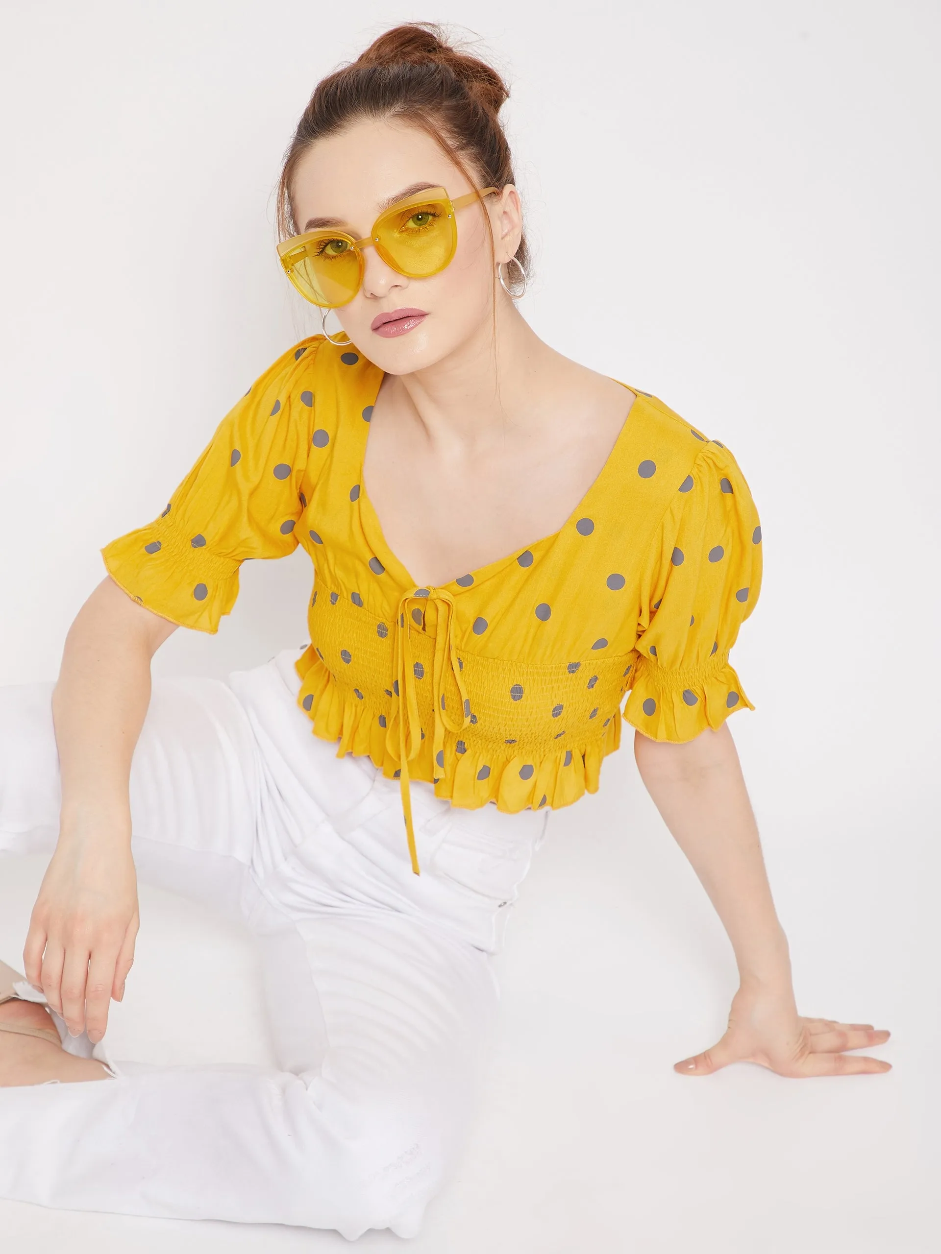 Berrylush Women Yellow & Grey Polka Dot Printed V-Neck Ruffle Trim Shirred Crop Top