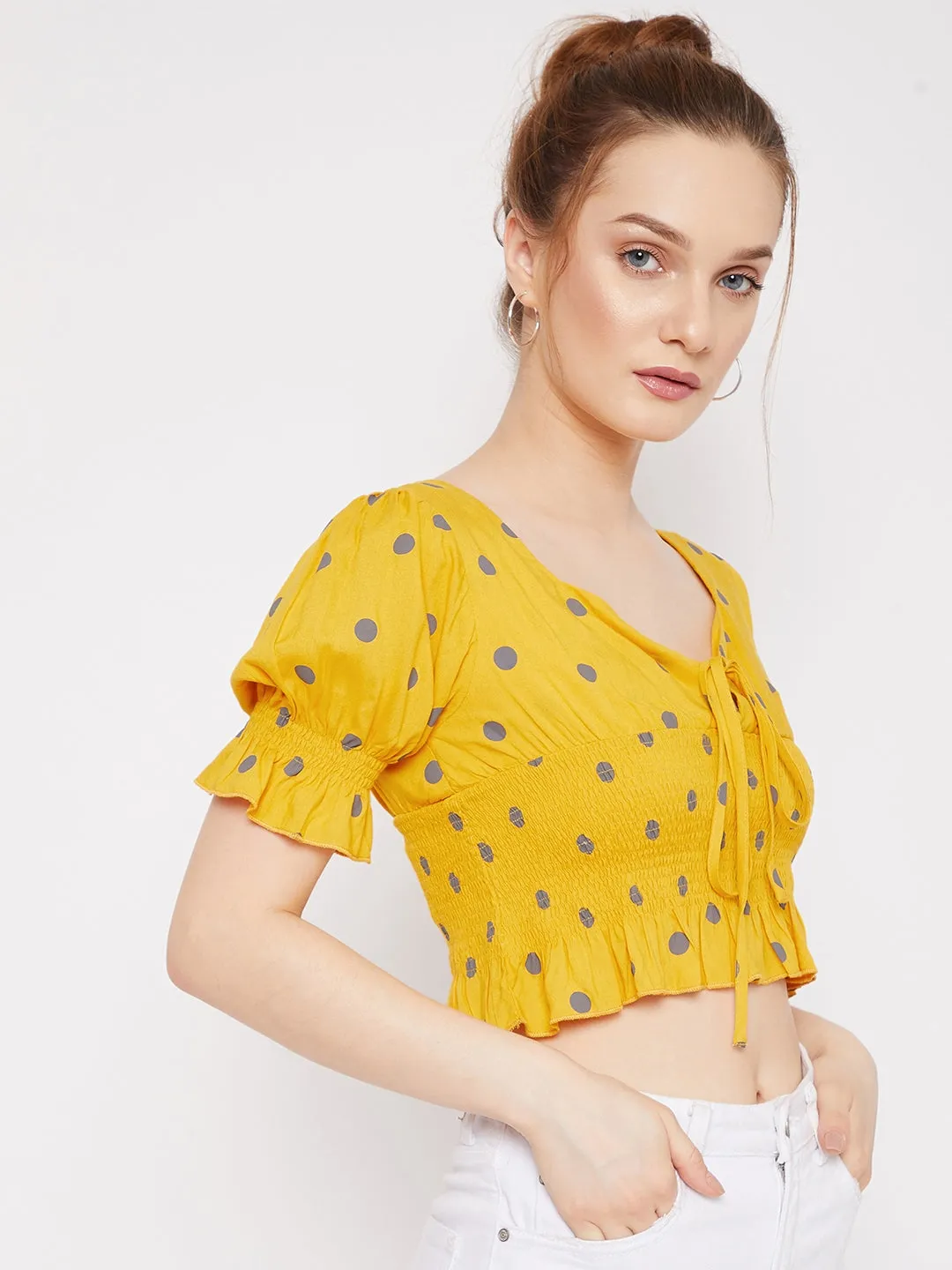 Berrylush Women Yellow & Grey Polka Dot Printed V-Neck Ruffle Trim Shirred Crop Top