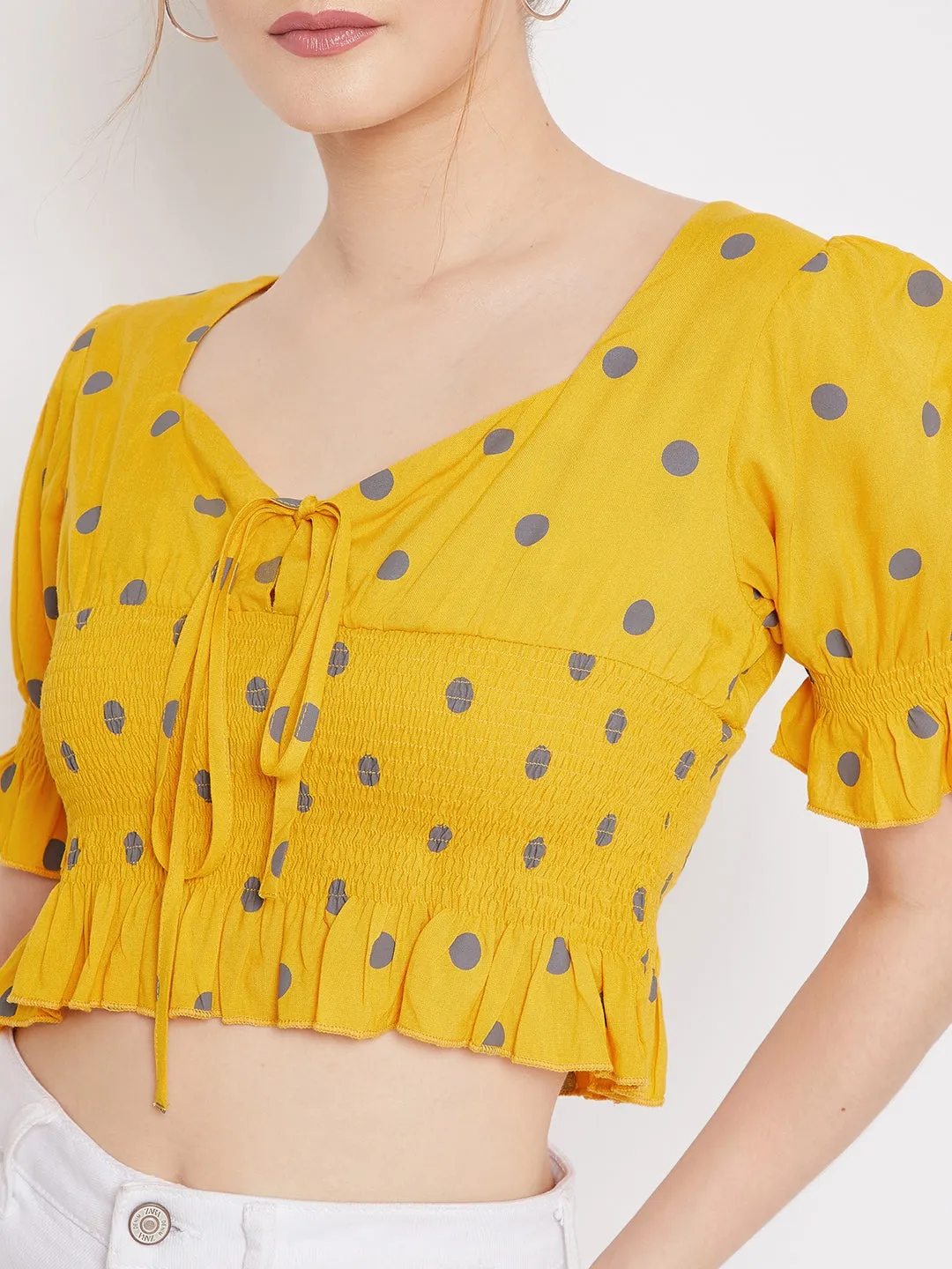 Berrylush Women Yellow & Grey Polka Dot Printed V-Neck Ruffle Trim Shirred Crop Top