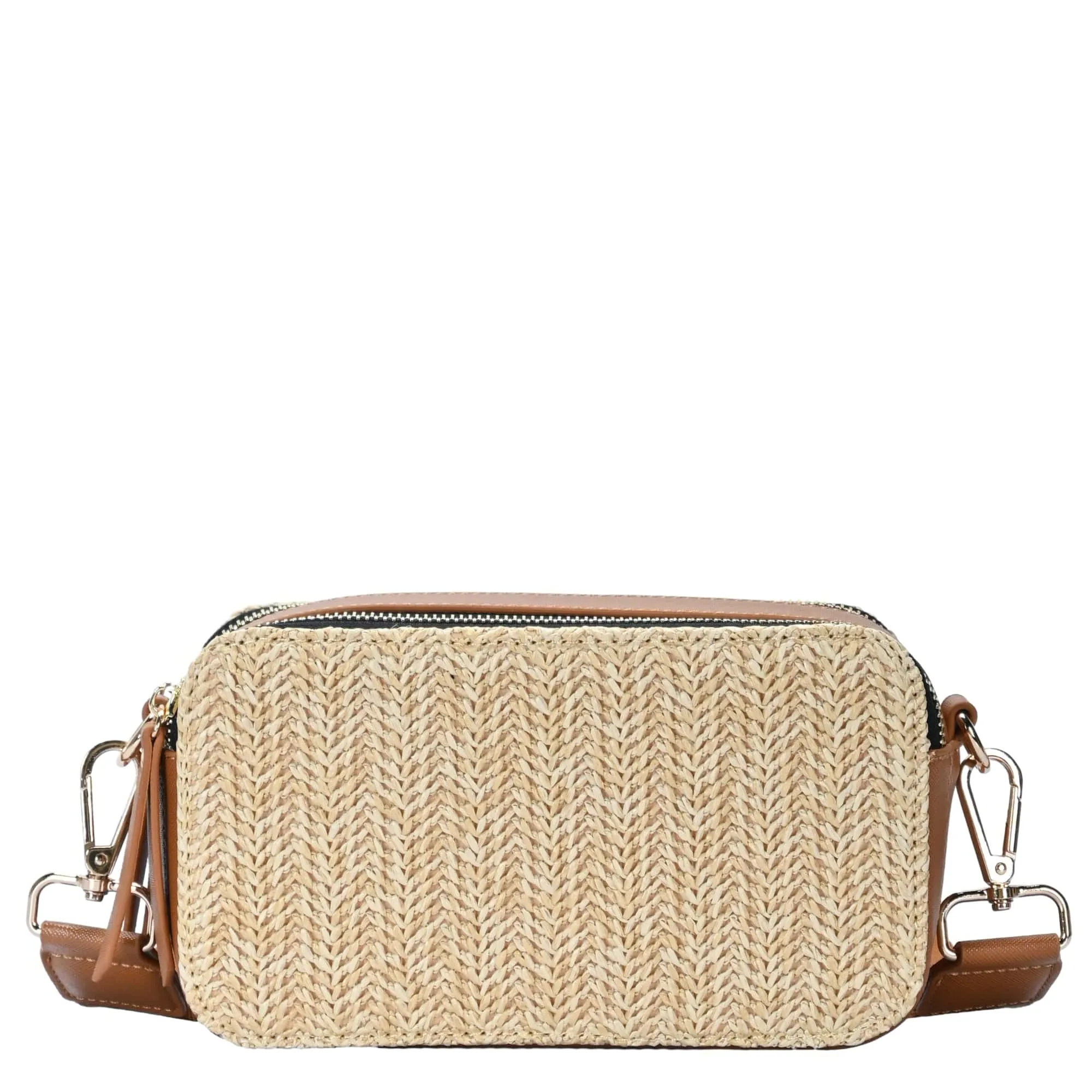 BGS6844 Helena Straw Crossbody Bag With Leather Paneling