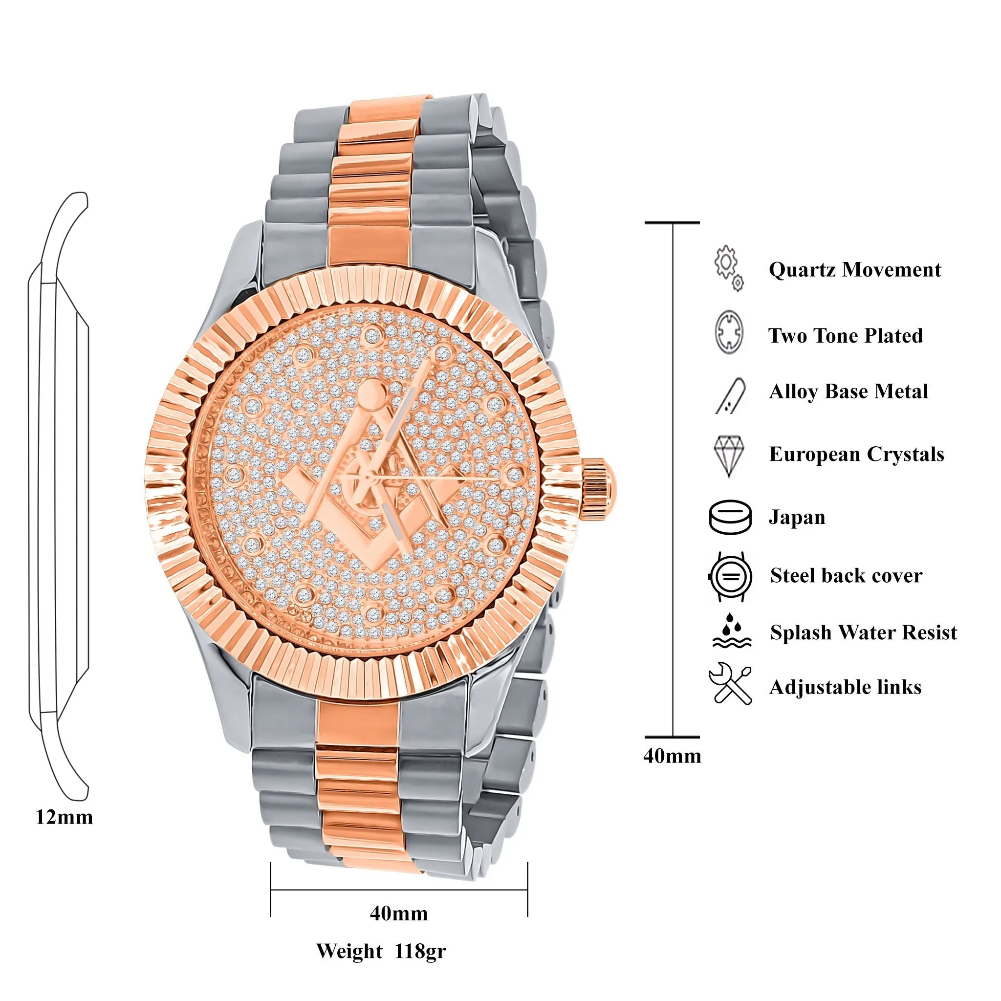 Bi-color Masonic Iced Out Metal Watch