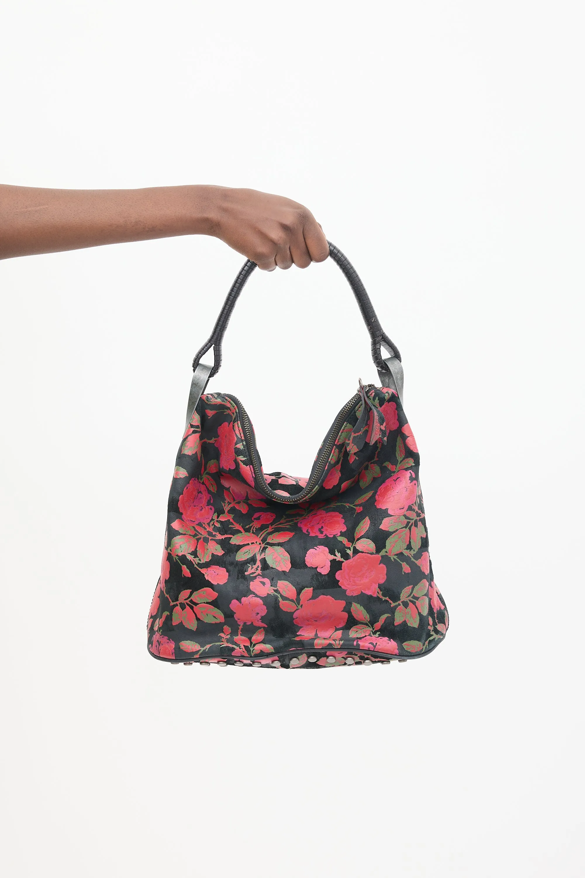 Black & Multicolour Leather Floral Studded Bag