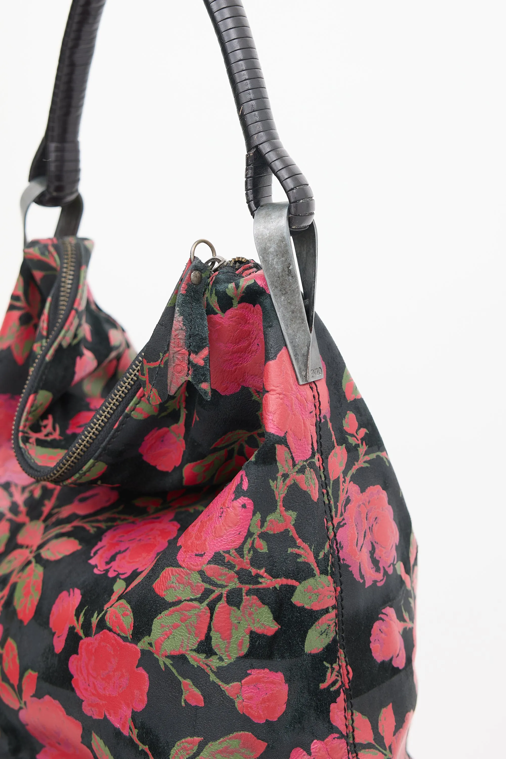 Black & Multicolour Leather Floral Studded Bag