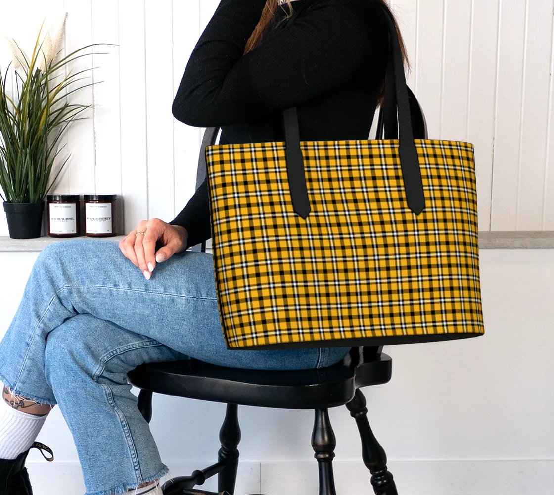 Black and Yellow Plaid Vegan Leather Tote Bag