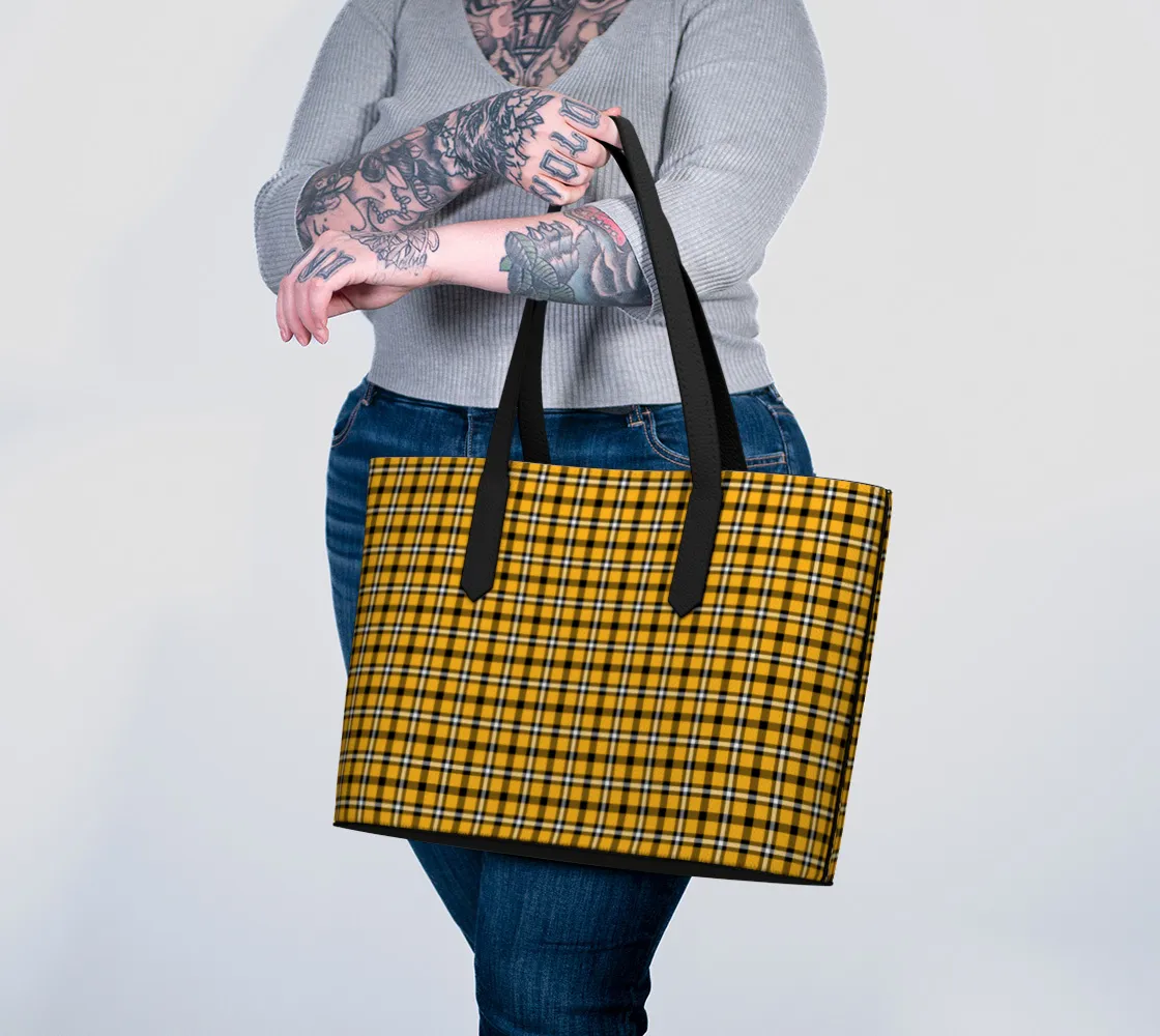 Black and Yellow Plaid Vegan Leather Tote Bag