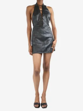 Black halter neck leather mini dress - size UK 8