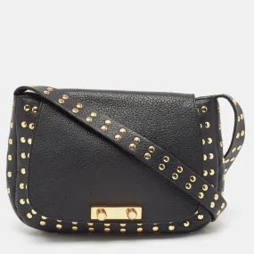 Black Leather Studded Flap Shoulder Bag