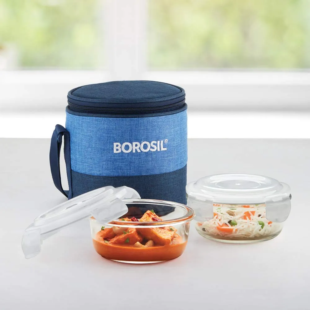 Borosil Prime Glass Lunch Box Set of 2, 320 ml, Vertical, Microwave Safe Office Tiffin & Prime Glass Lunch Box Set of 2, 400 ml, Round, Microwave Safe Office Tiffin Combo