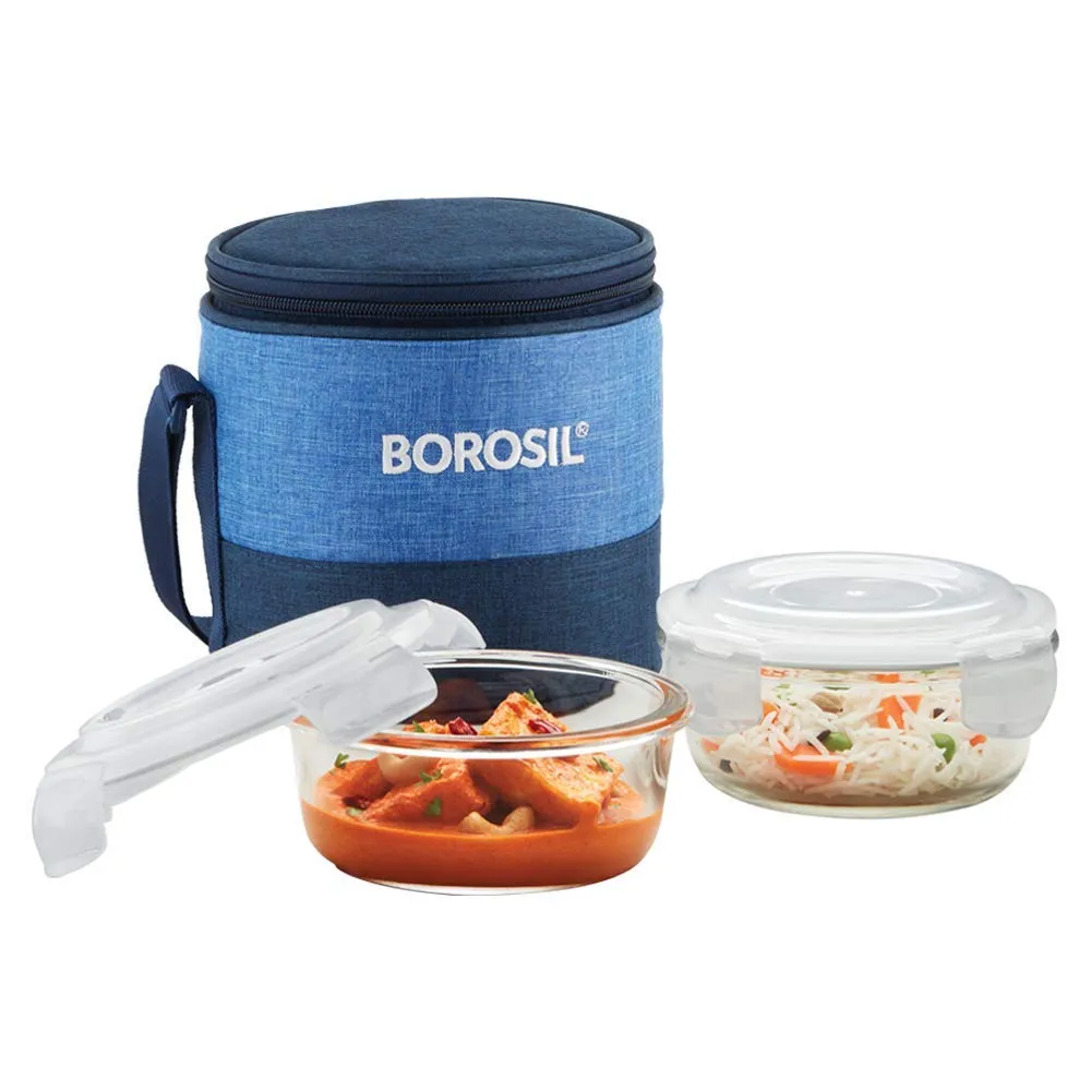 Borosil Prime Glass Lunch Box Set of 2, 320 ml, Vertical, Microwave Safe Office Tiffin & Prime Glass Lunch Box Set of 2, 400 ml, Round, Microwave Safe Office Tiffin Combo