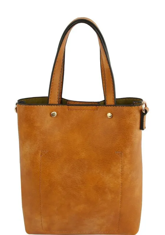 Brown Textured Tote Bag With Pattern Strap