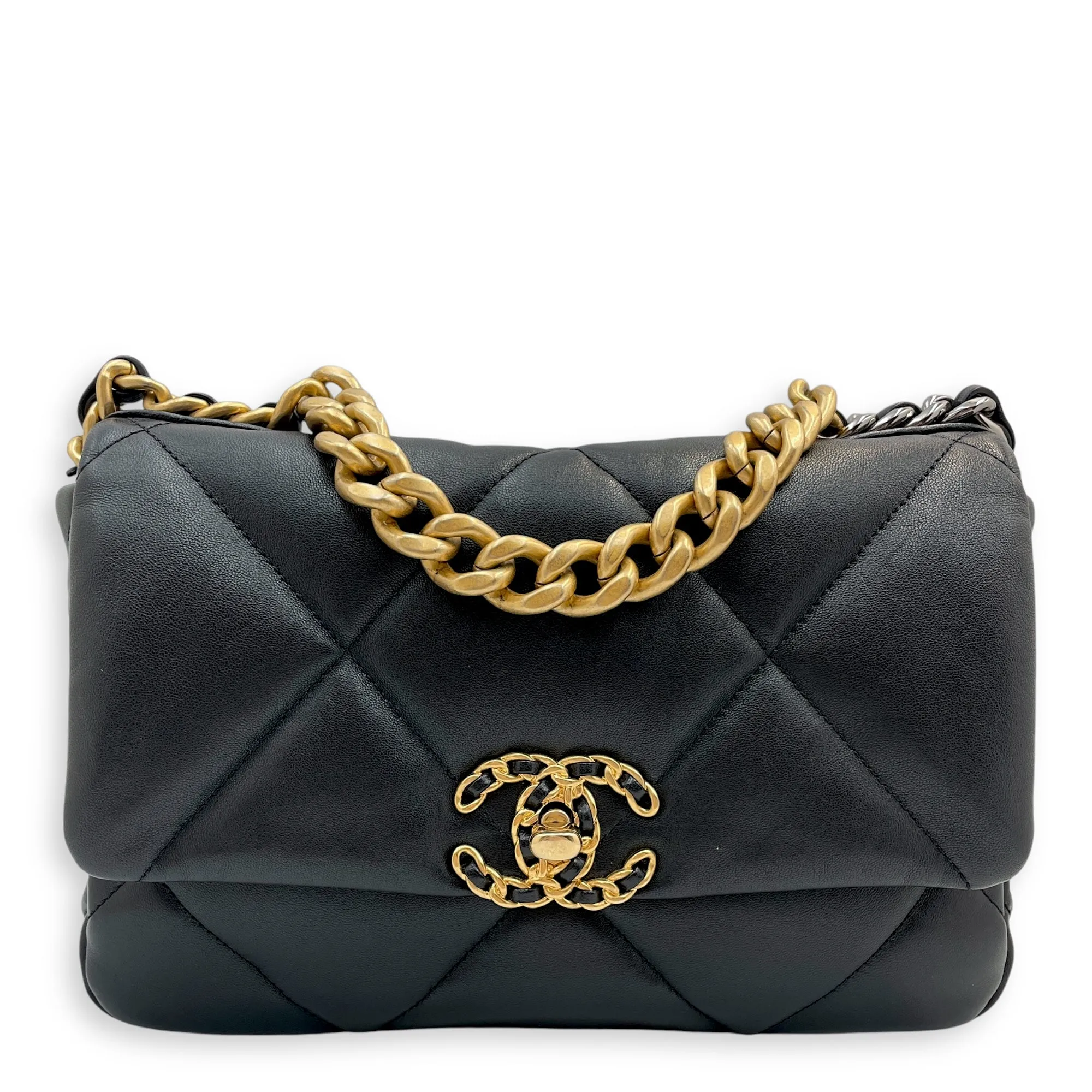 C19 Small Flap Small Black Crossbody Bag in Lambskin, 3-Tone hardware