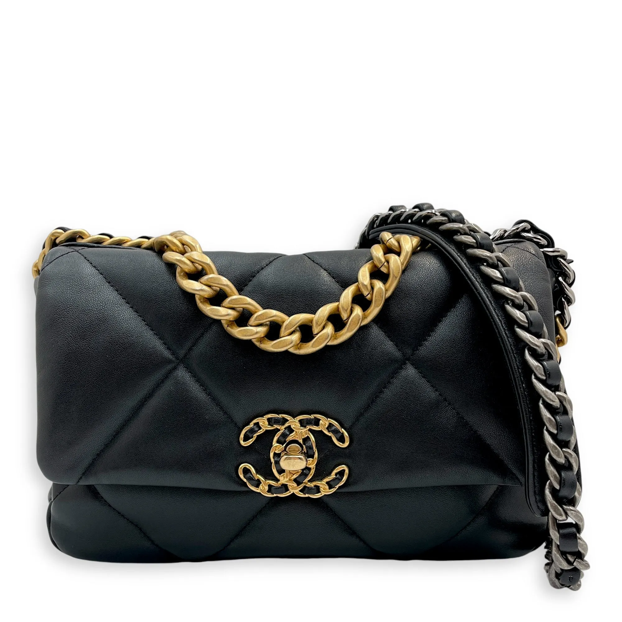 C19 Small Flap Small Black Crossbody Bag in Lambskin, 3-Tone hardware