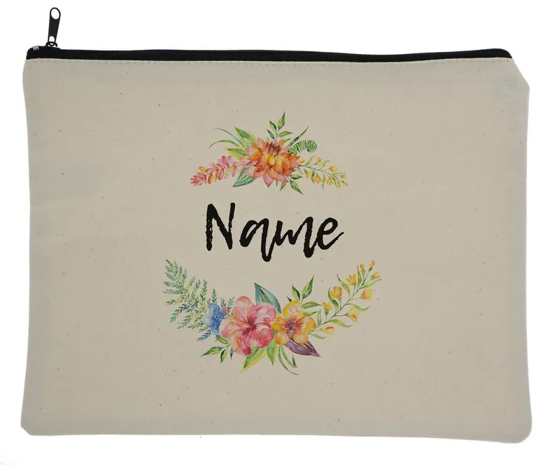 Canvas Custom Name Zipper Bag With Tropical Flowers