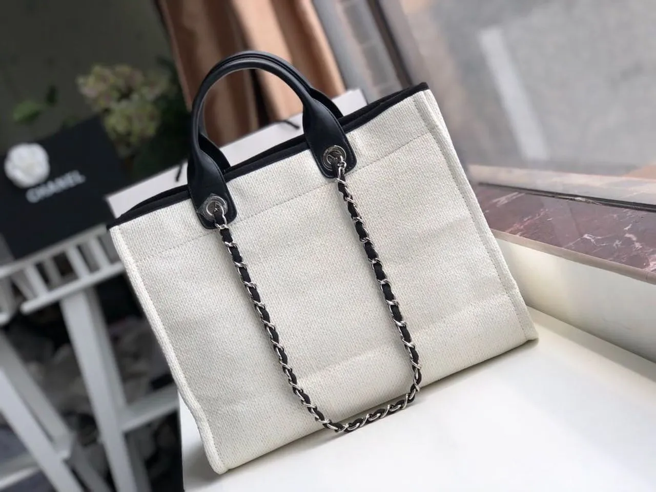 CHLSmall Shopping Bag Silver Hardware White For Women, Women&#8217;s Handbags, Shoulder Bags 15.2in/39cm AS3257