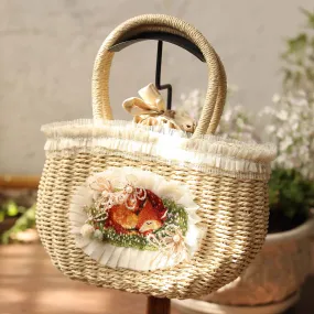 Cottagecore Deer Embroidery Straw Bag