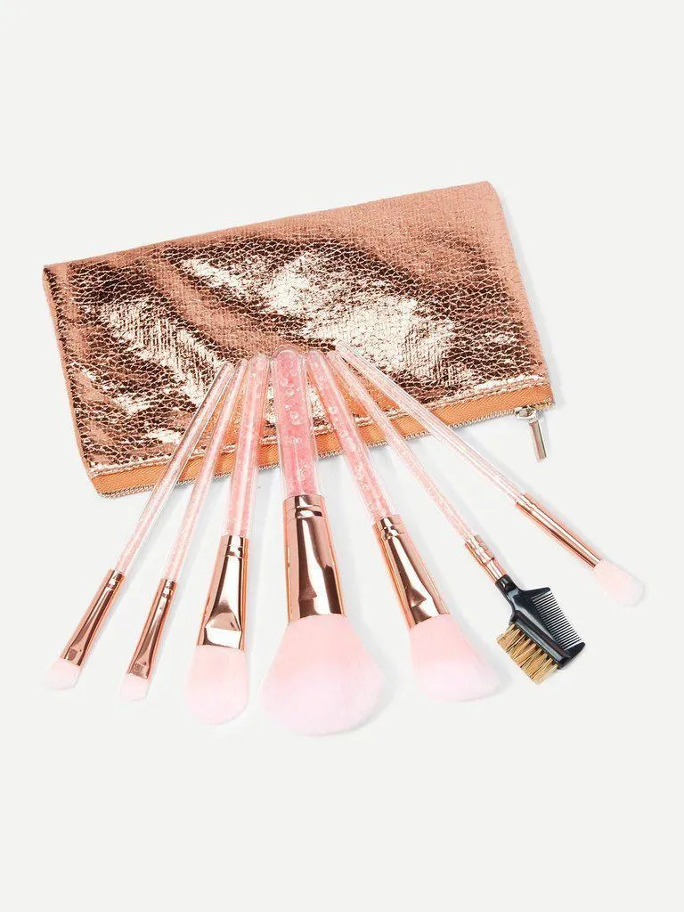 Crystal Handle Makeup Brush With Metallic Bag