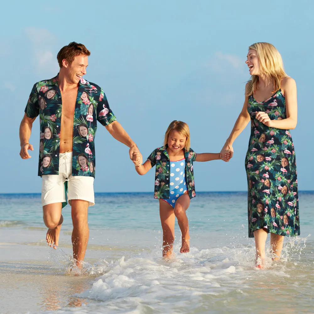 Custom Face Hawaiian Style Flamingo Flower Long Dress And Shirt Family Matching